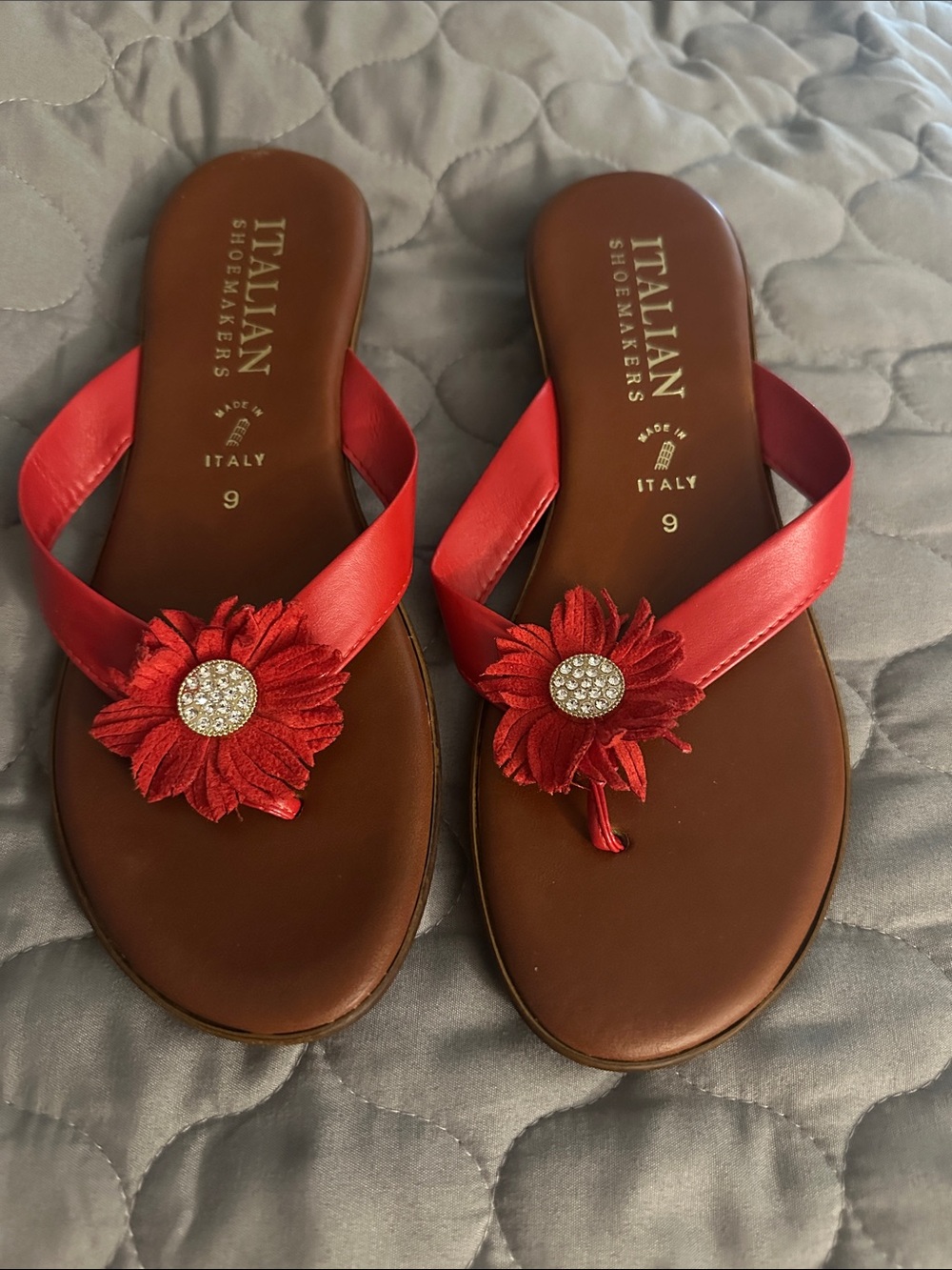 Italian Shoemakers Red Floral Rhinestone Thong Sandals